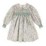 ANTOINETTE DRESS WITH WITH EVERGREEN HAND SMOCKING MADE WITH LIBERTY FIELD FLOWERS FABRIC