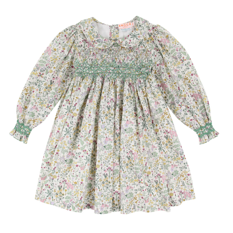 ANTOINETTE DRESS WITH WITH EVERGREEN HAND SMOCKING MADE WITH LIBERTY FIELD FLOWERS FABRIC
