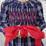 KATHERINE JOHNSON DRESS NAVY TARTAN WITH CRANBERRY WAVES HAND SMOCKING