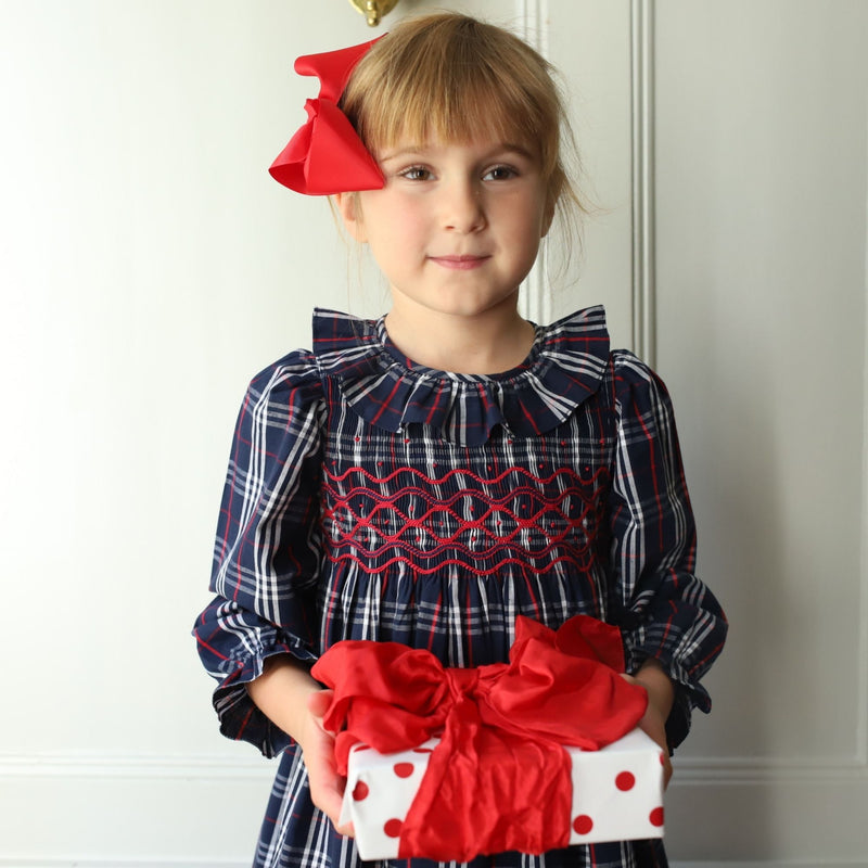 KATHERINE JOHNSON DRESS NAVY TARTAN WITH CRANBERRY WAVES HAND SMOCKING