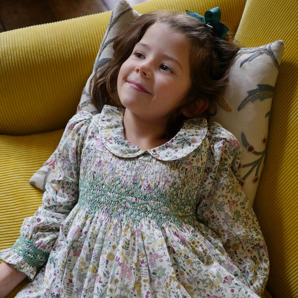 ANTOINETTE DRESS WITH WITH EVERGREEN HAND SMOCKING MADE WITH LIBERTY FIELD FLOWERS FABRIC