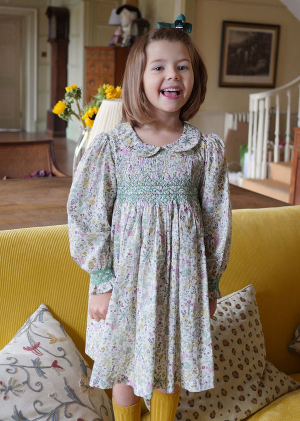 ANTOINETTE DRESS WITH WITH EVERGREEN HAND SMOCKING MADE WITH LIBERTY FIELD FLOWERS FABRIC