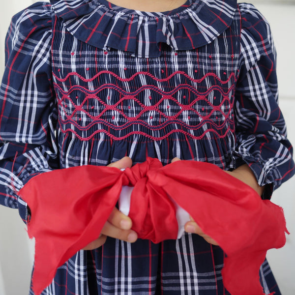 KATHERINE JOHNSON DRESS NAVY TARTAN WITH CRANBERRY WAVES HAND SMOCKING