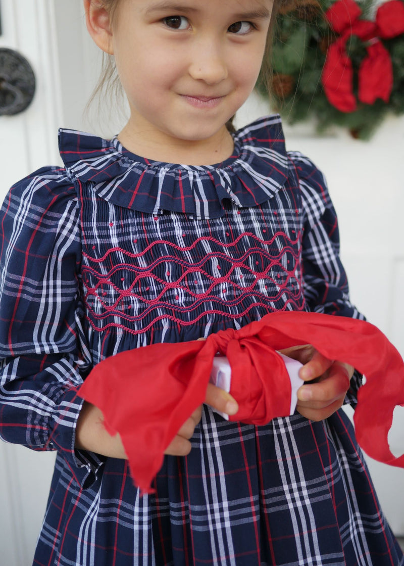KATHERINE JOHNSON DRESS NAVY TARTAN WITH CRANBERRY WAVES HAND SMOCKING