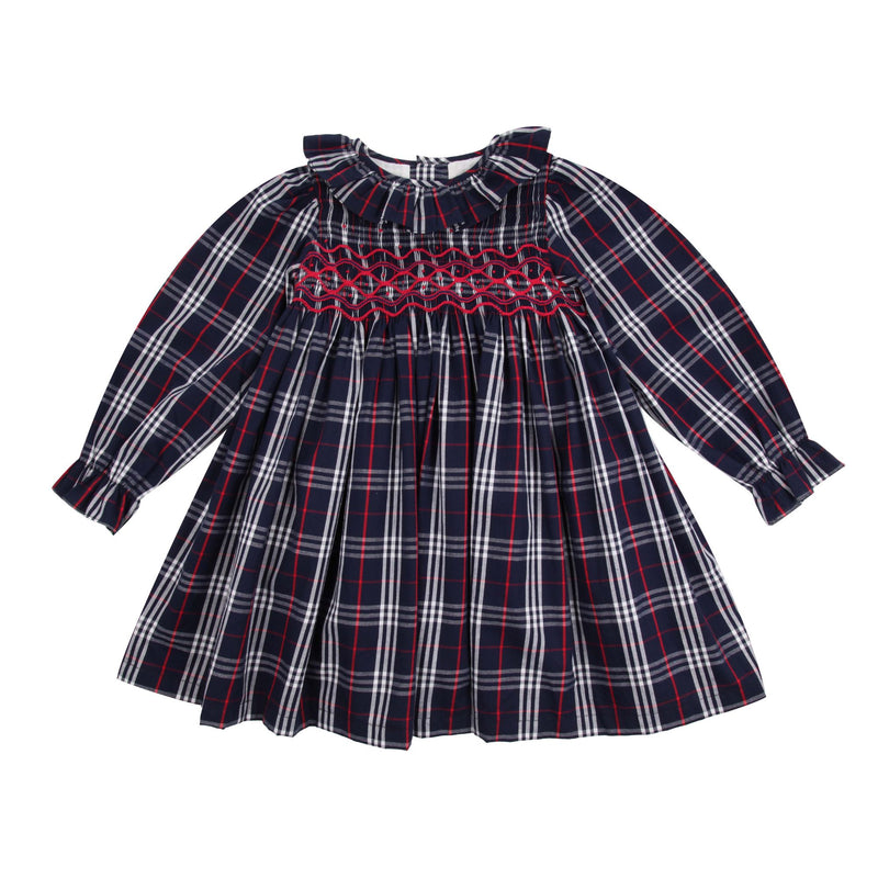 KATHERINE JOHNSON DRESS NAVY TARTAN WITH CRANBERRY WAVES HAND SMOCKING