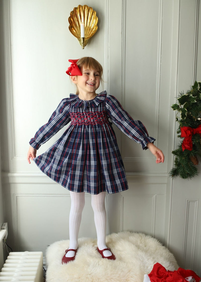 KATHERINE JOHNSON DRESS NAVY TARTAN WITH CRANBERRY WAVES HAND SMOCKING